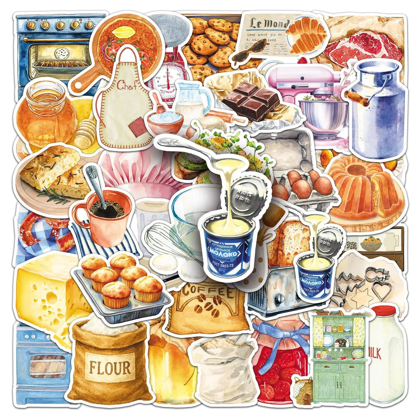 50Pcs Kitchen Baking Cartoon Food Doodle Stickers Stationery Laptop Phone Guitar Fridge Water Cup Skateboard DIY Sticker