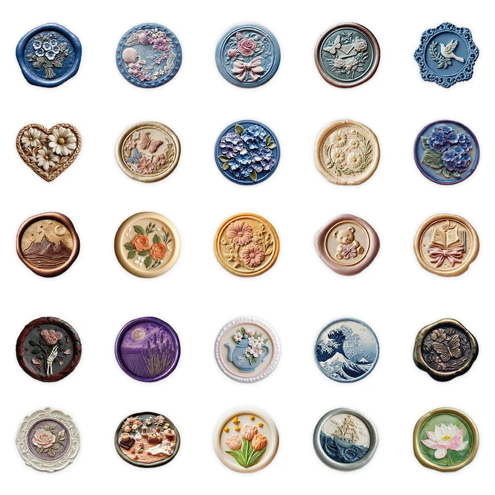 52-Pack Embossed Printed Paint Retro Waterproof Transparent PET Decor Stickers for Phone Envelope Stationery Notebook