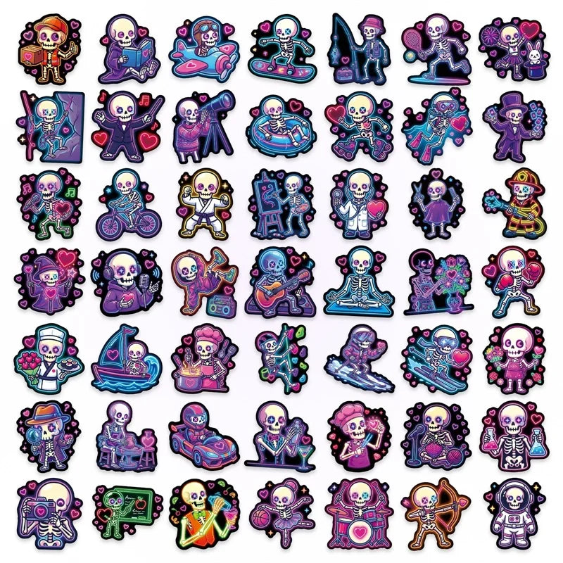 10/30/50PCS Neon Skeleton Love Sticky PVC Sticker Stationery DIY Colored Laptop Luggage Skateboard Decoration Scrapbooking