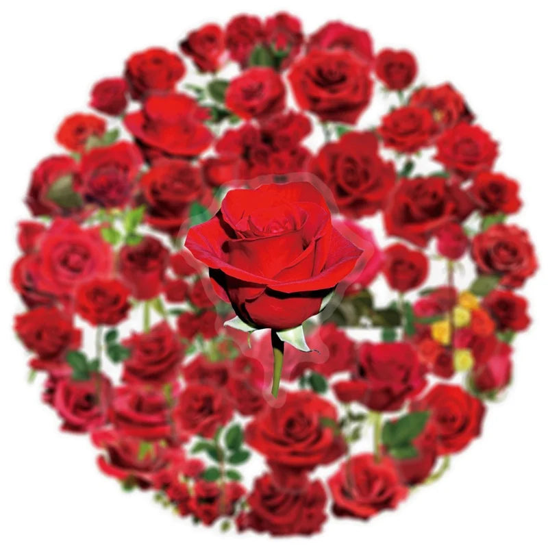 50PCS Kawaii Red Rose Flower PET Sticky Sticker Aesthetic Tear Open DIY Decoration Scrapbooking Stationery Supplies for Kids