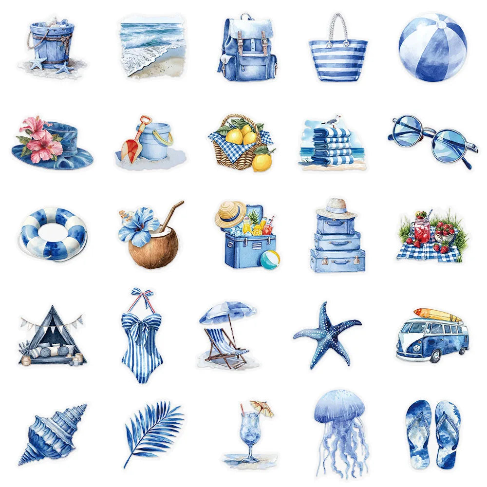 50-Pack Summer Beach Blue Waterproof Stickers Transparent PET Decoration Decals for Water Bottles Phone Stationery Notebook
