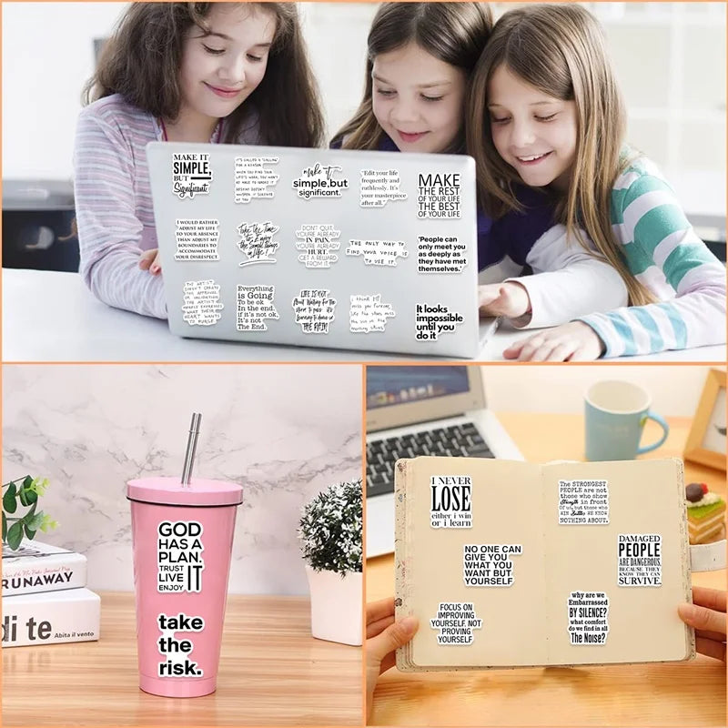 10/30/50PCS Black Encourage Phrases PVC Sticky Sticker Aesthetic Stationery DIY Decoration Scrapbooking School Supplies for Kids