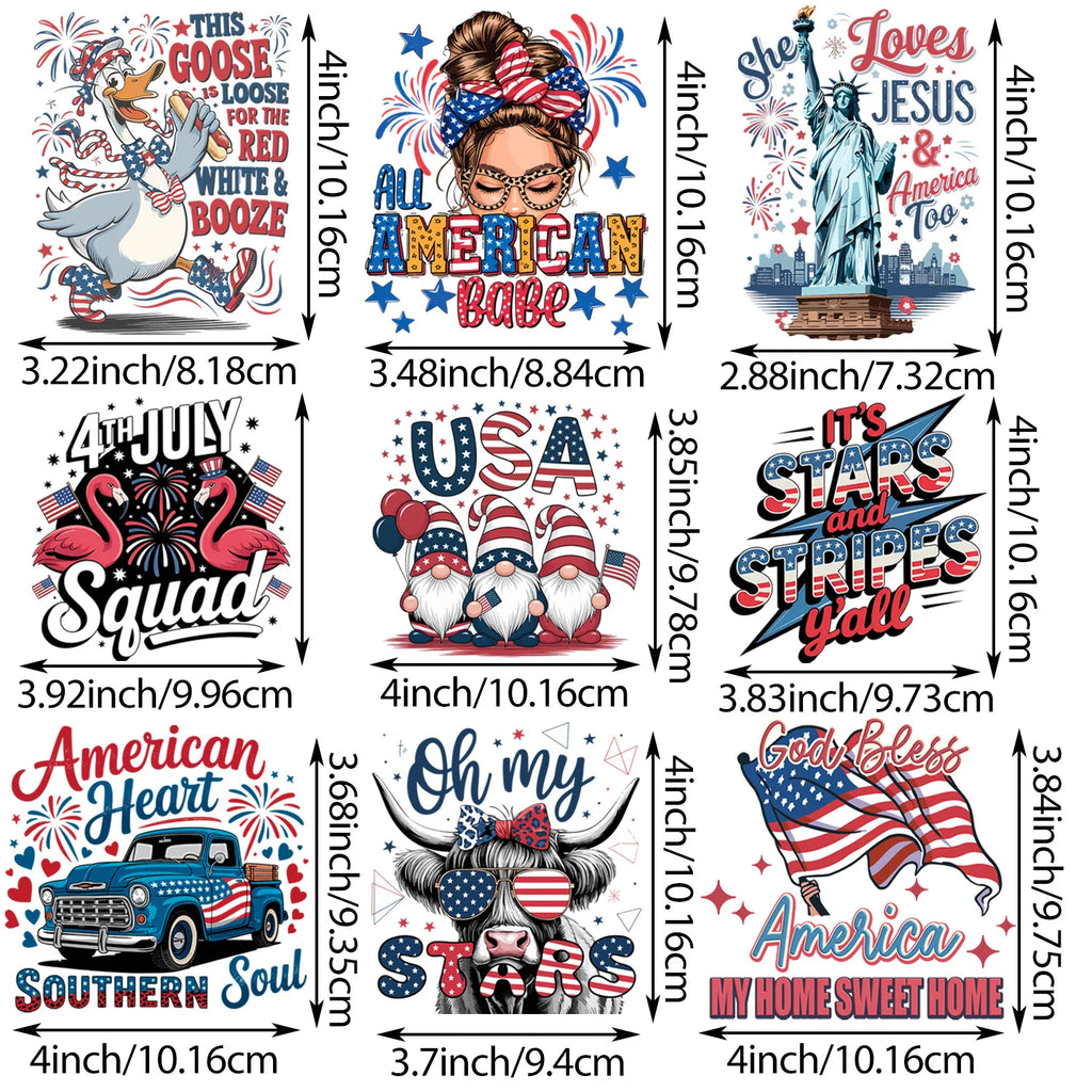 9 sheets flag series DIY Independence Day themed iron-on decals, July 4th themed heat transfer DIY for clothing, T-shirts, jeans