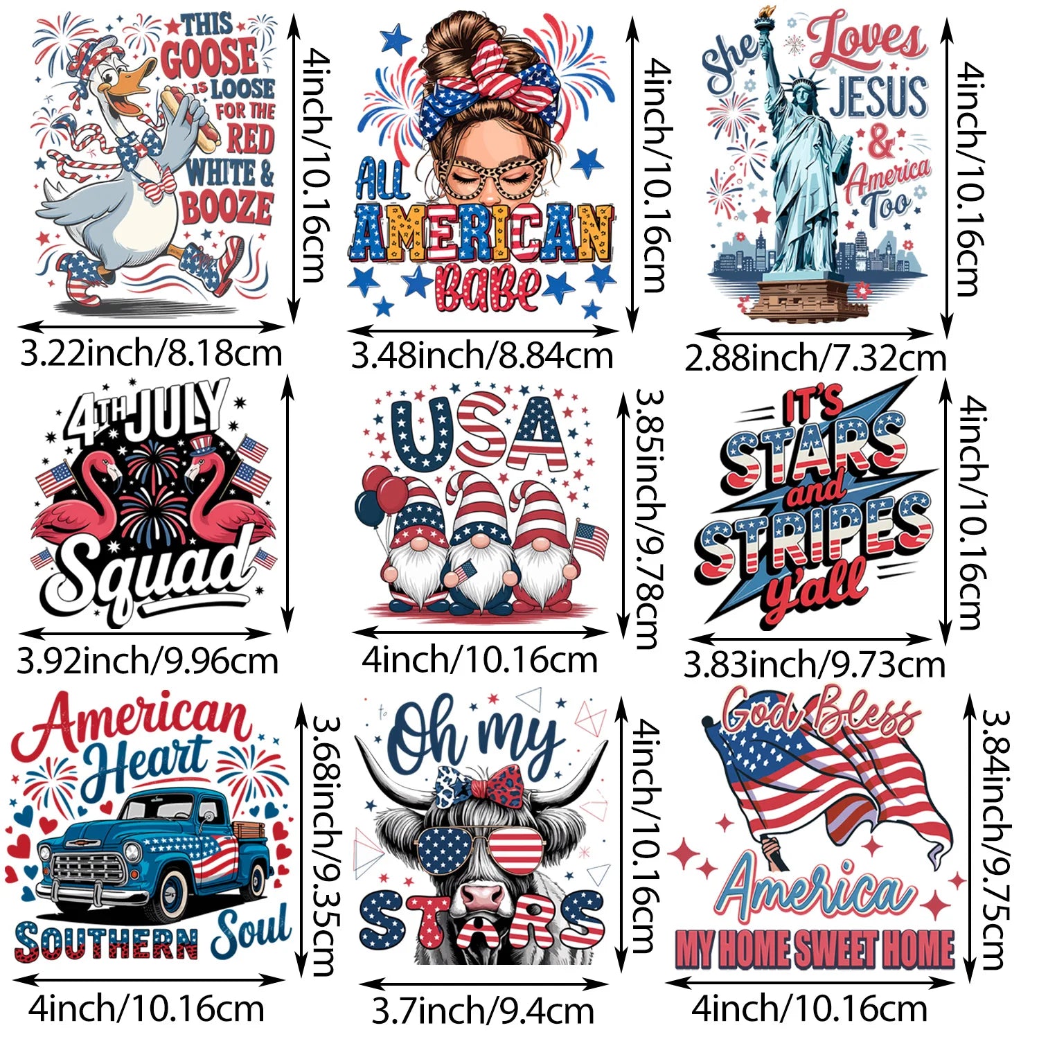9 sheets flag series DIY Independence Day themed iron-on decals, July 4th themed heat transfer DIY for clothing, T-shirts, jeans