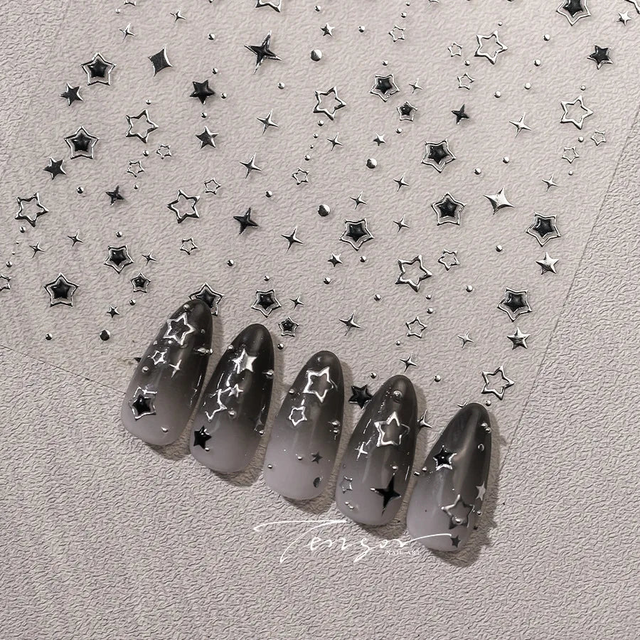 5D Luxury Star Nail Stickers Shiny Stars Black Silver Nail Decals Gilding Hollow Out Five-Pointed Nail Art Design Decorat Slider