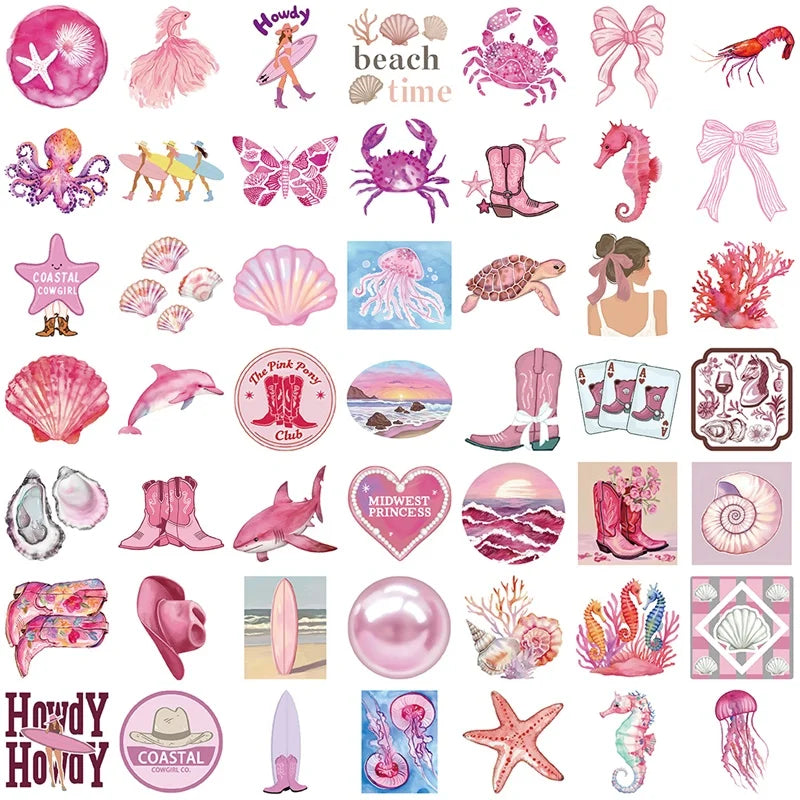 10/30/50PCS Kawaii Pink Beach PVC Sticky Sticker Aesthetic DIY Decoration Scrapbooking School Stationery Supplies for Kids
