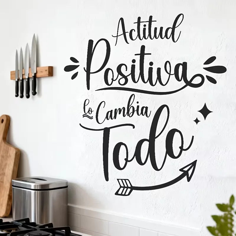 Inspirational "Positive Attitude" Kitchen Wall Sticker, Motivational Spanish Quotes Decorative Sticker, Vibrant Spring Atmospher