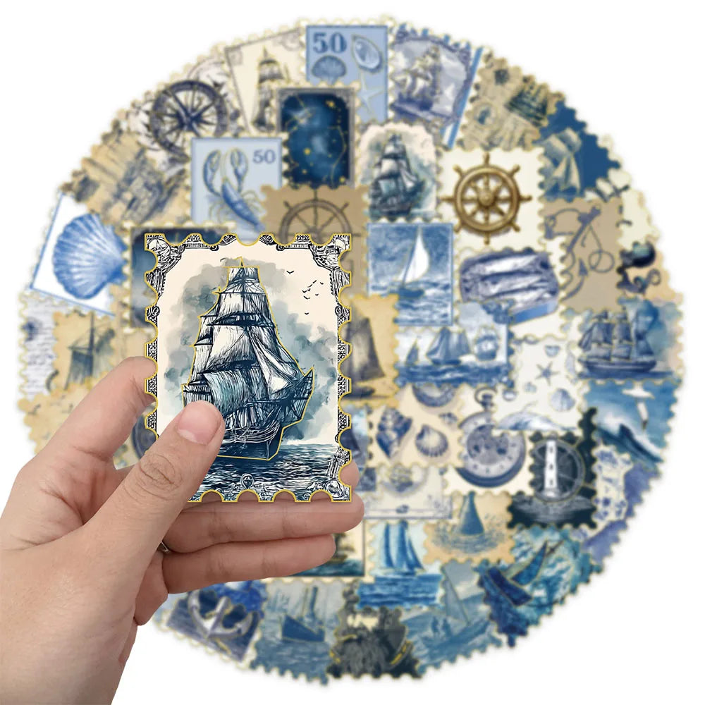 50PCS Composite Marine Blue Stamp Decoration Stickers Computer Scrapbook Refrigerator Phone Case Decoration Hot Stamping Sticker