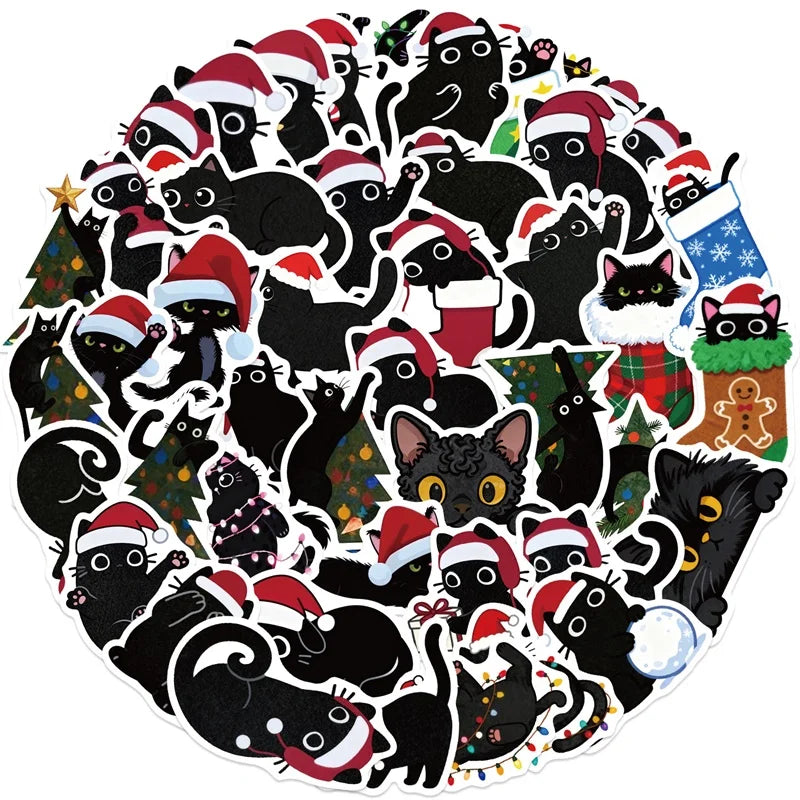 10/30/50PCS Kawaii Christmas Black Cat PVC Sticky Sticker Aesthetic DIY Children's Decoration Scrapbooking School Supplies
