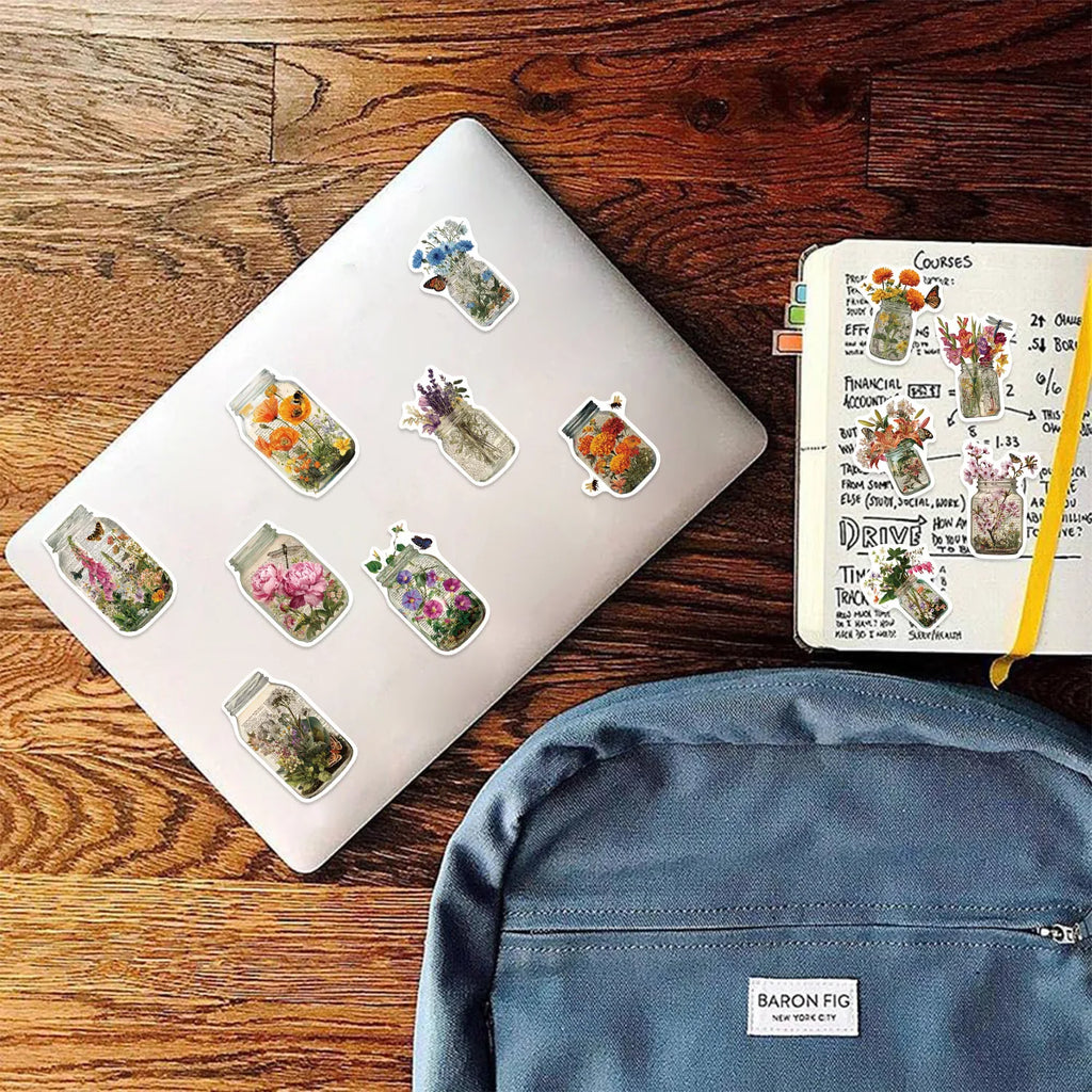 50/100Pcs Retro Flower Bottle Doodle Sticker School Stationery Notebook Decals Guitar Laptop Luggage DIY Waterproof Stickers