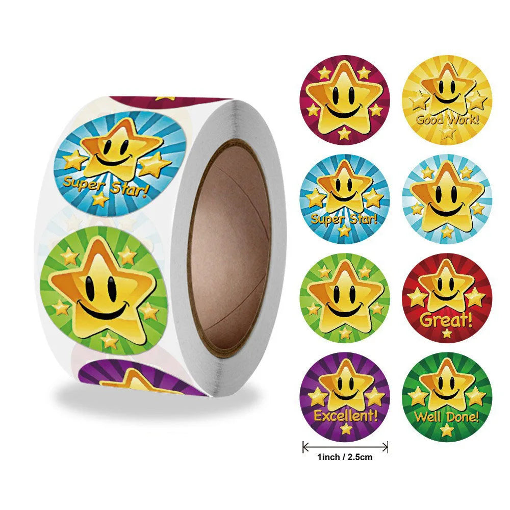 500Pcs/Roll Cartoon Stars Smile Reward Encourage Stickers,2.5cm/1.0inch Round Perfect For Learning Rewards Game Party Gift Seal