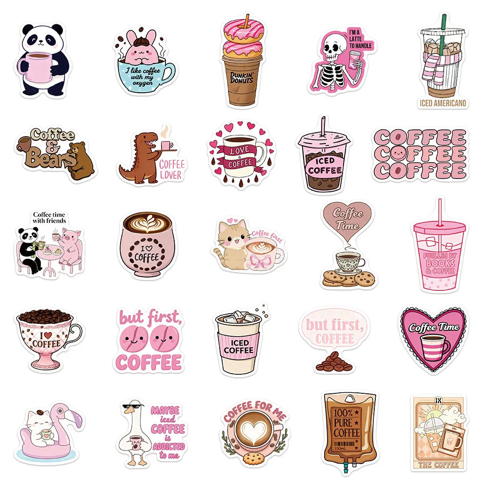 50/100PCS Cartoon Funny Coffee Sticker Small Fresh Cartoon Graffiti Cute Decorative Notebook Stationery Waterproof Sticker