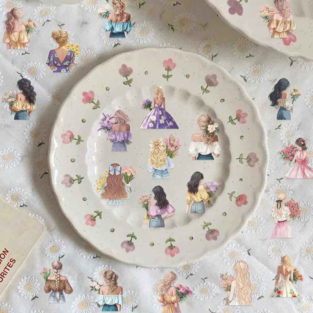 50/100PCS Waterproof Transparent PET Colorful Beautiful Flower Girl Sticker Pack - Decor Helmet Notebook Stationery Laptop