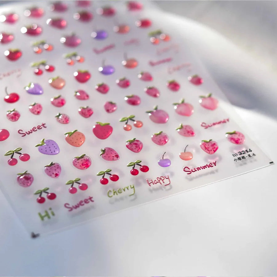 Kawaii Cherry Bow Nail Stickers 5D French Cute Red Bow Fruit Design Self Adhesive Decoration Nails Stickers DIY Nail Accessories