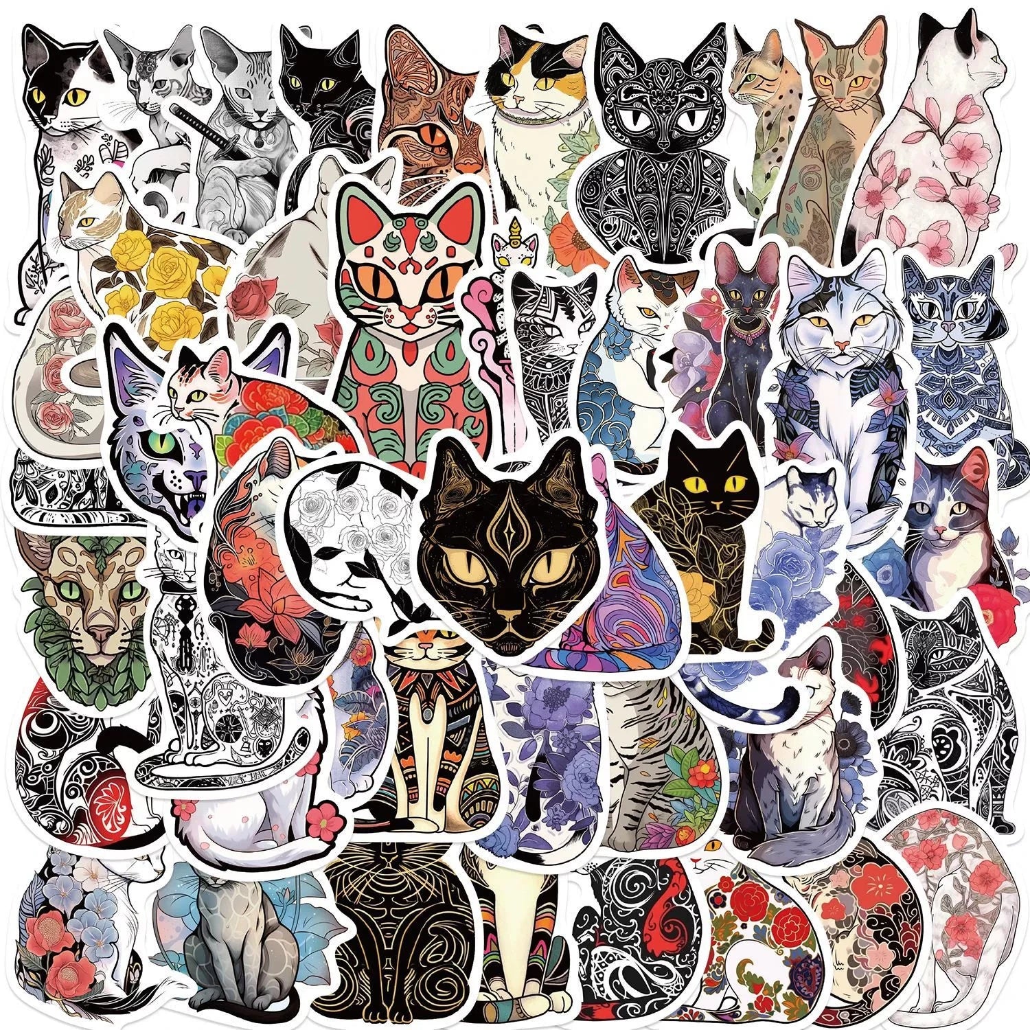 50/100PCS Cartoon Tattoo Cat Graffiti Stickers Guitar Notebook Luggage DIY Waterproof Stationery Stickers