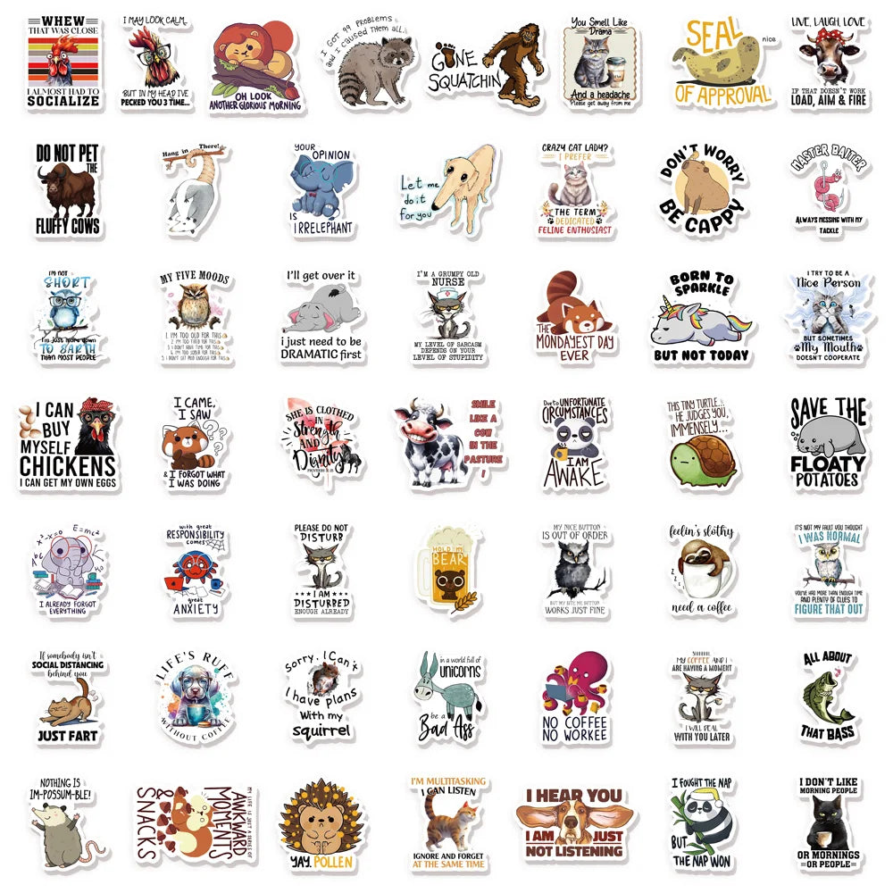 50PCS Fun Animal Quotes Sticker Pack Creative Graffiti DIY Handmade Clip Box Pack Skateboard Tablet Puzzle Toy Stickers