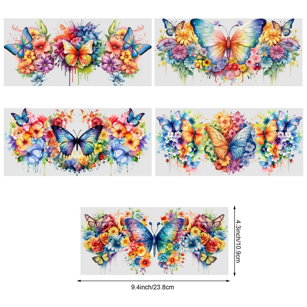 5 sheets Butterfly UV DTF Cup Stickers, DTF Friction Transfer Stickers, Waterproof Animal Transfer Stickers for 16oz Glass