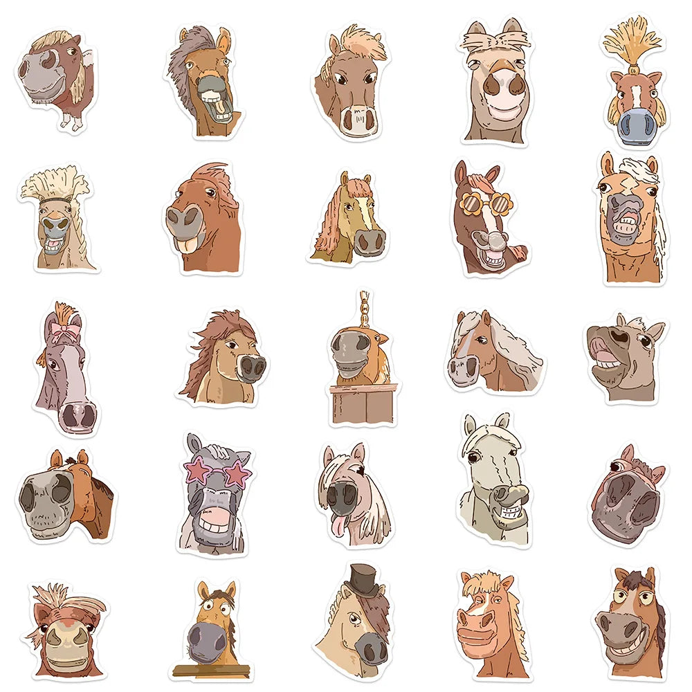 50-Pack Cartoon Horse Fun Emotion Doodle Stickers for Student Stationery Guitar Notebook Luggage DIY Waterproof Decals