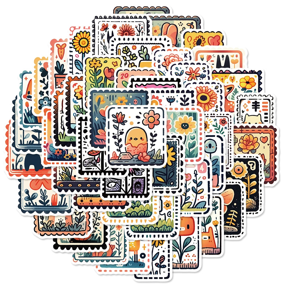 50PCS Creative Stamp Stickers Fashion Streetwear Laptop Phone FashionWaterproof Graffiti  Sunflower Scrapbook Desktop Sticker