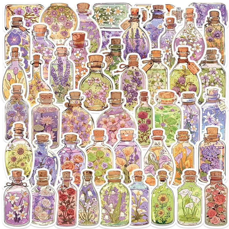 10/30/50PCS Kawaii Flower Bottle PVC Sticky Sticker Aesthetic Children's Stationery DIY Decoration Scrapbooking School Supplies