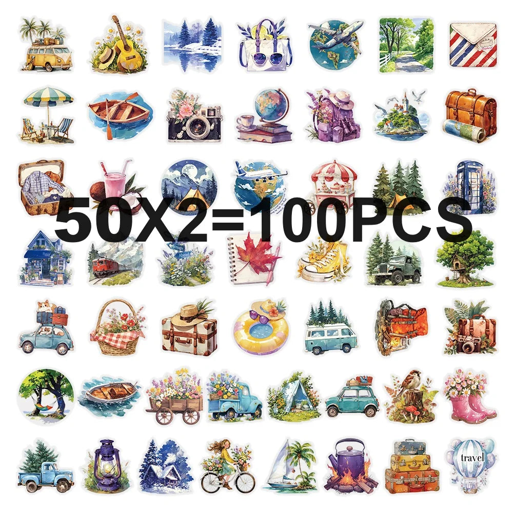 50/100PCS Transparent PET Outdoor Travel Cartoon Stickers Watercolor Camping Creative Painting Decor Flat Stationery Sticker