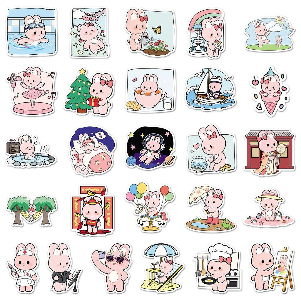 51-Piece Cute Cartoon Pink Bunny Daily Doodle Stickers Waterproof Stickers for Cups Phones Guitars Helmets Stationery Notebooks