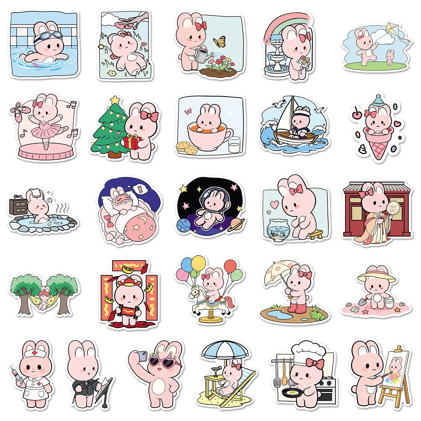 51-Piece Cute Cartoon Pink Bunny Daily Doodle Stickers Waterproof Stickers for Cups Phones Guitars Helmets Stationery Notebooks