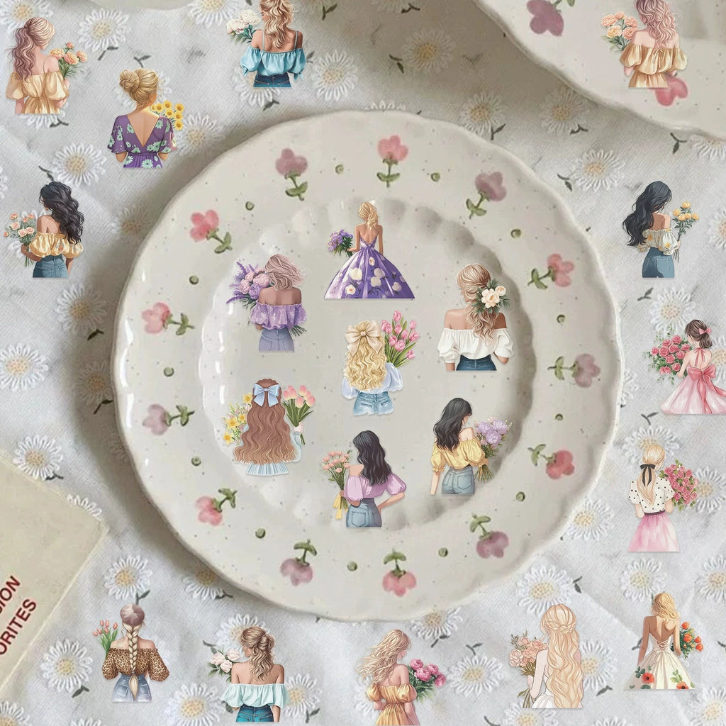 50/100PCS Colorful Flower Girl Sticker Pack Waterproof Transparent PET Decorative Guitar Notebook