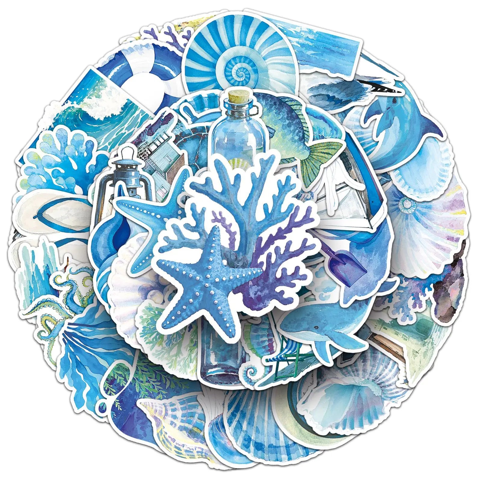 50-Pack Watercolor Blue Ocean Doodle Stickers Cartoon Decor for Phone Tablet Water Cup Guitar Luggage Notebook Fridge
