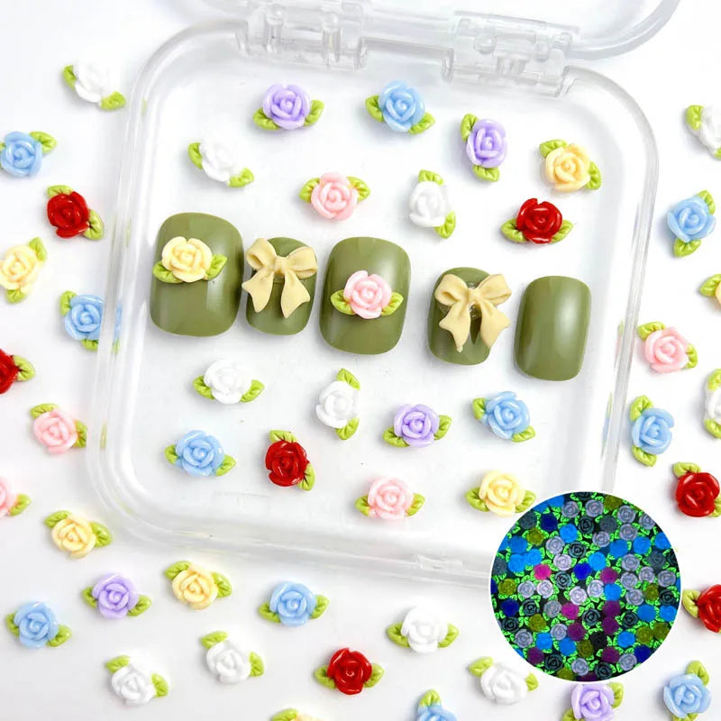 Leaf Flowers Nail Charms 3D Resin Luminous Rose Nail Decorations 10*7mm Multi Colors Flowers Trendy Nail Arts Accessory DIY 10pc