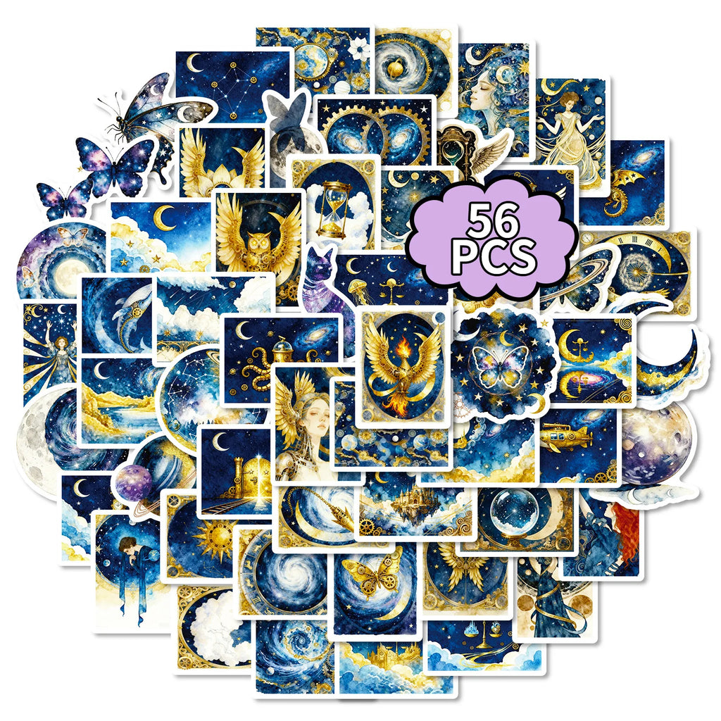 56PCS Dreamy Galaxy Blue Gold Stickers, Phone Tablet Student Stationery Creative Fantasy Decorative Waterproof Art Sticker