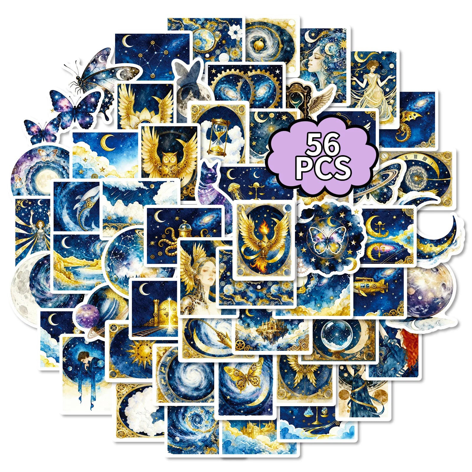 56PCS Dreamy Galaxy Blue Gold Stickers, Phone Tablet Student Stationery Creative Fantasy Decorative Waterproof Art Sticker