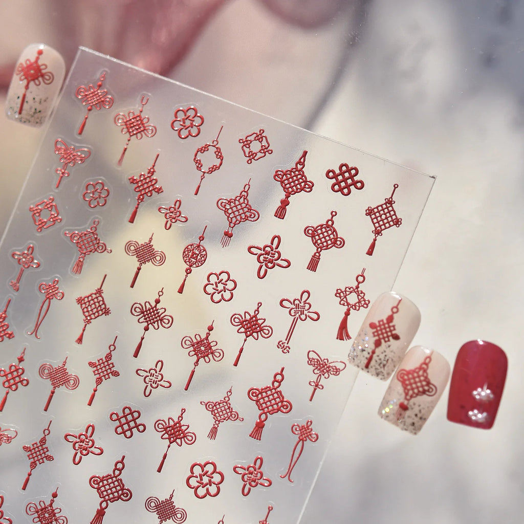 Chinese knot Adhesive Nails 3D Decorations Stickers 5D Embossed Nail Stickers 2026 New Year Nail Art Sticker Manicure Decals DIY