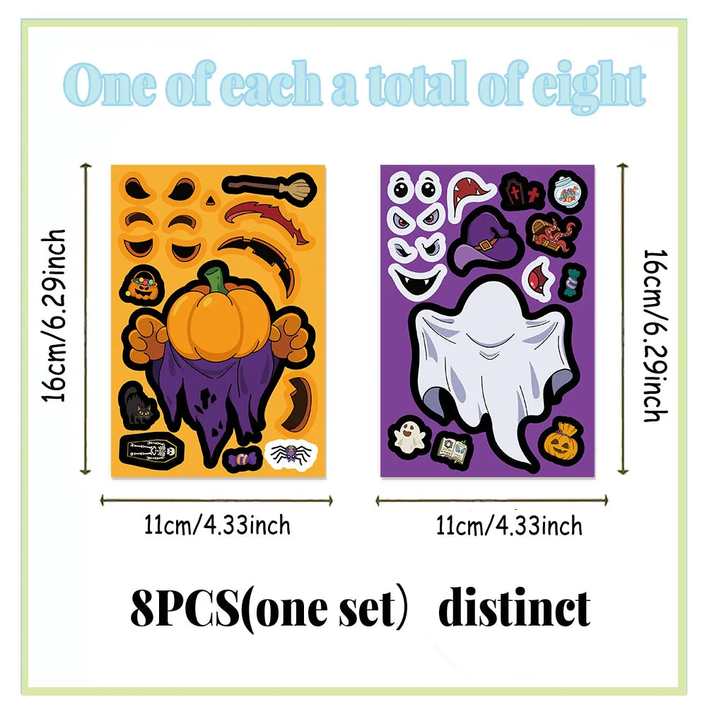 8PCS Halloween Face Changing Fun Ghost Graffiti Sticker Toys DIY Manual Luggage Motorcycle Laptop Luggage Stickers