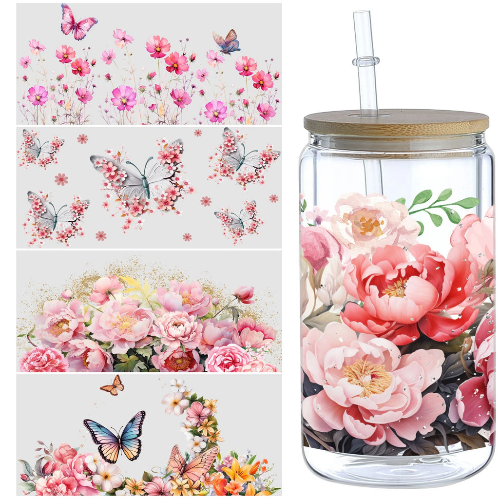 5 Sheets Plant UV DTF Cup Stickers, DTF Friction Transfer Stickers, Waterproof Flower Transfer Stickers for 16oz Glass Cups
