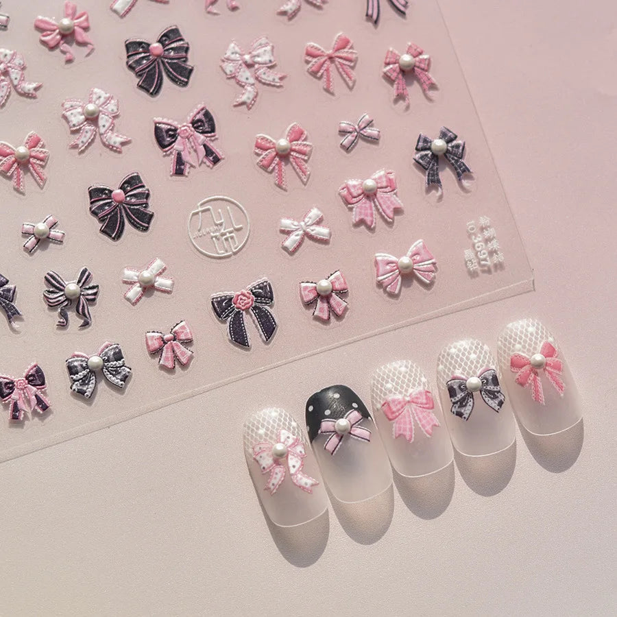 Sweet Pink Black Bow Kont Nail Charms Stickers 5D Luxury Crystal Diamond Nail Sticker Retro Ribbon Bow Adhesive Manicure Decals