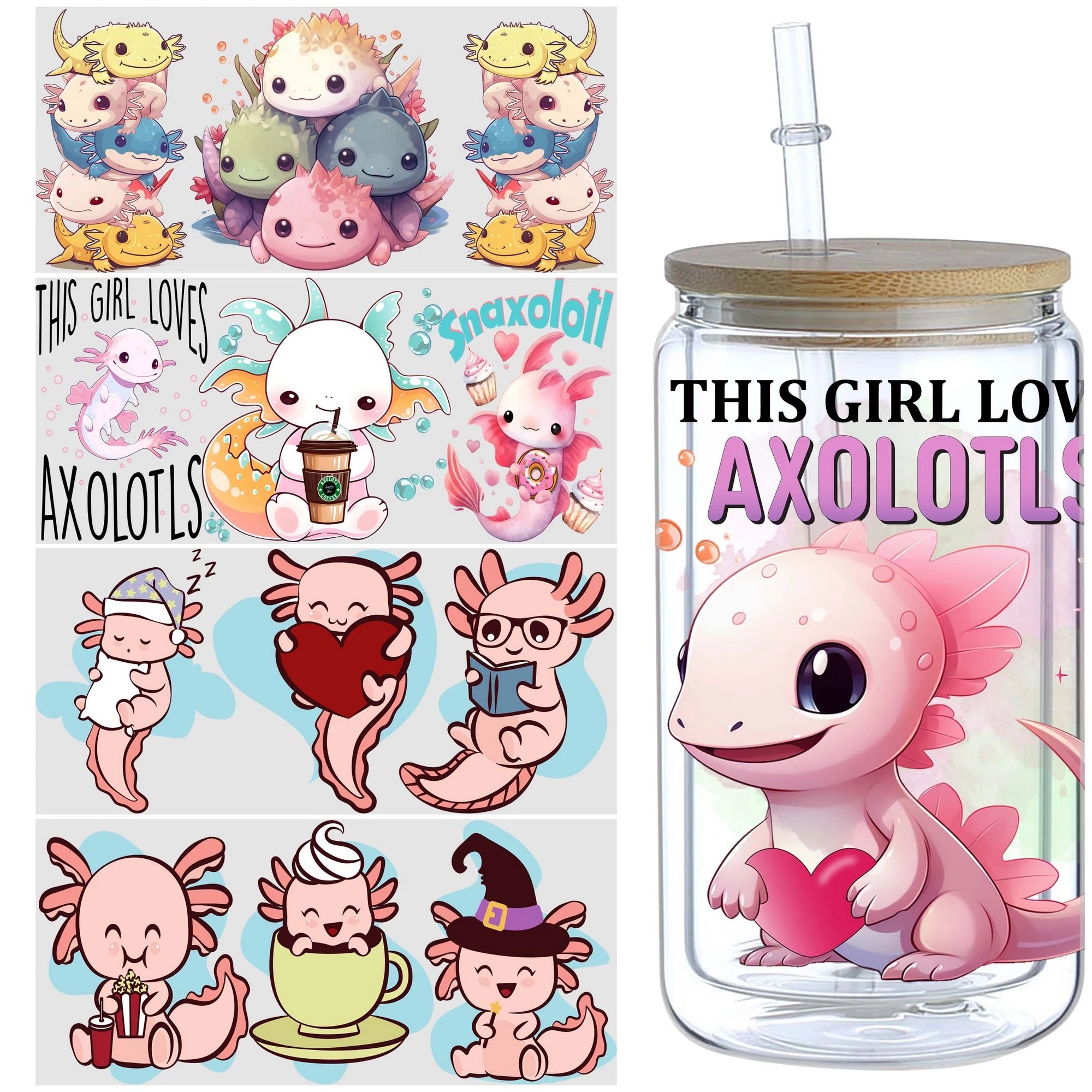 5 Sheets Salamander UV DTF Cup Sleeve 16oz, Funny Salamander DTF Cup Sleeve Transfer Glass, Water Bottle Waterproof Decal