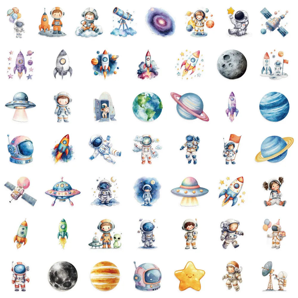 50PCS Space Astronaut PET Plastic Stickers Fun Decorative Phone Cases Laptop Skateboards DIY Decorative Toy Stickers