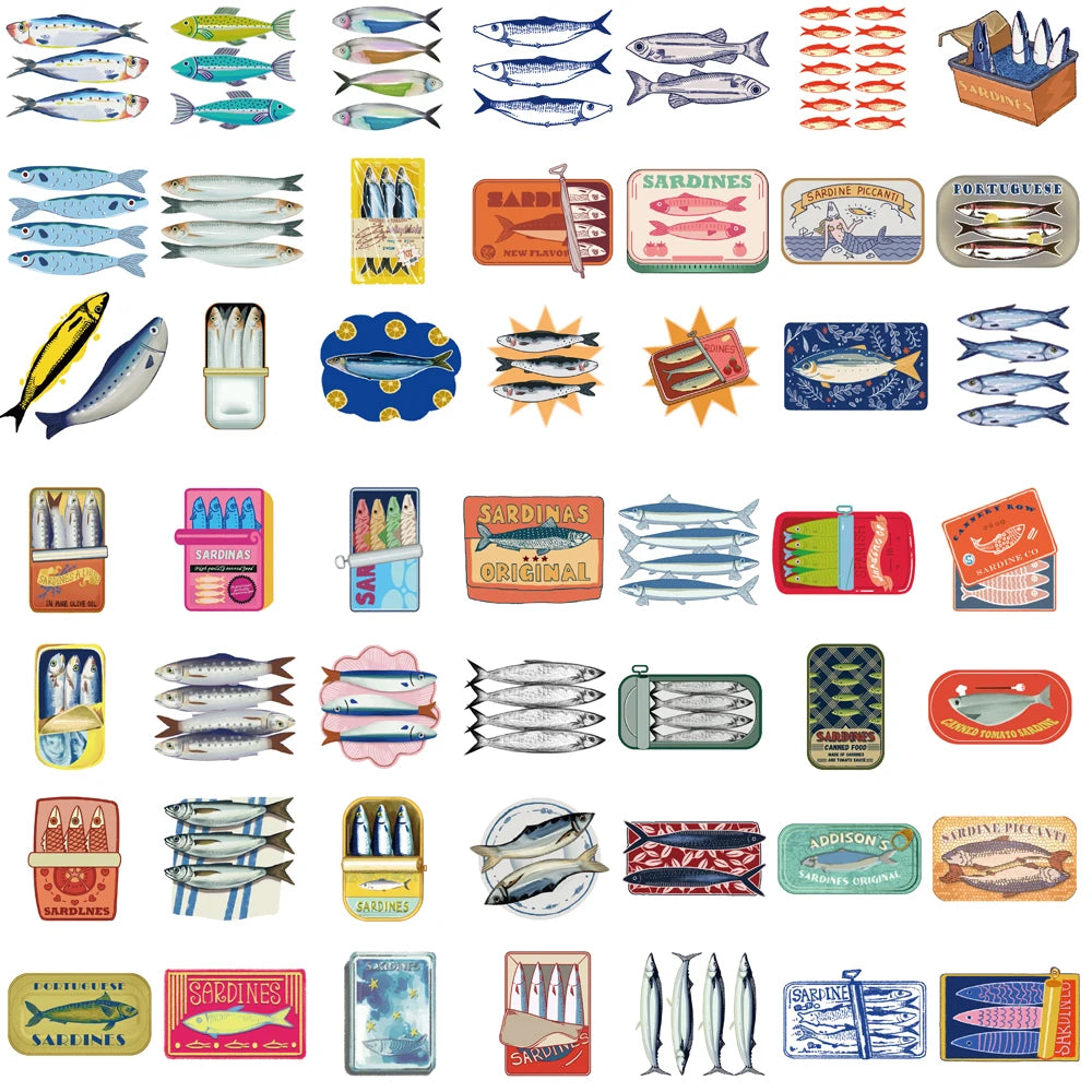 50/100PCS Cute Sardine Sticker Creative Bicycle Luggage Guitar Motorcycle Cartoon Phone Stationery Cafe Bicycle Art Stickers
