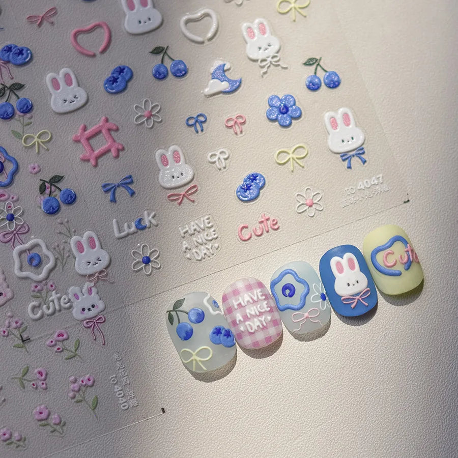 1pcs 5D Kawaii Rabbit Nail Stickers Embossed Cartoon Pink Blue Flower Adhesive Nail Art Decorations Decals Slider DIY Accessory