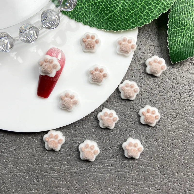 Winter Flocked Cat Paw Cartoon Nail Art Accessories Colorful 3D Bear Paw Resin Nail Charms DIY 10pcs Manicure Decorations Parts