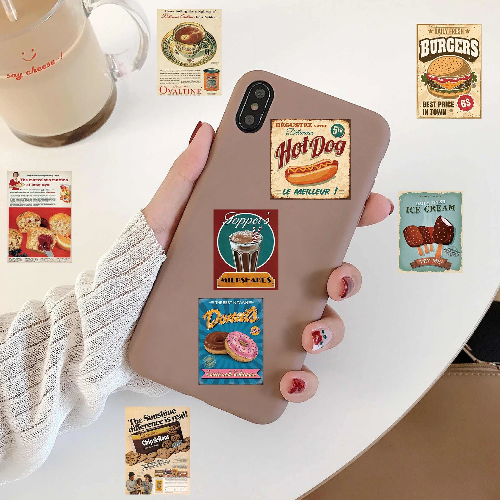 50PCS Retro Cartoon Food Stickers Notebook Gift Living Room For Laptop Creative Luggage Motorcycle Coffee Graffiti Phone Sticker