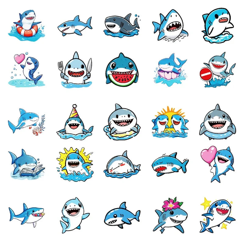 10/30/50PCS Kawaii Blue Shark PVC Sticky Sticker Aesthetic DIY Decoration Scrapbooking Children's School Supplies for Kids