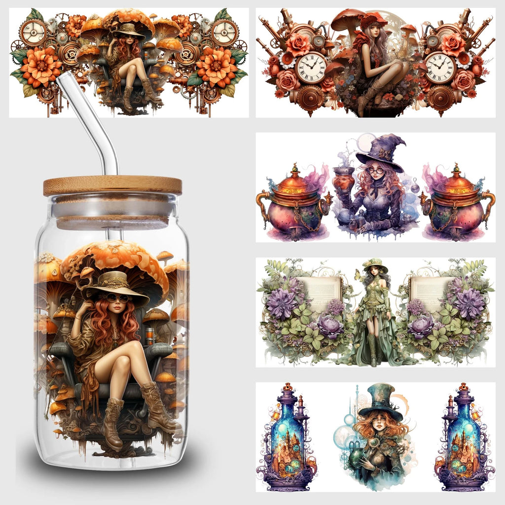 5 sheets Steampunk UV DTF Cup Stickers, DTF Friction Transfer Stickers, Waterproof Cartoon Transfer Stickers for 16oz Glass Cups