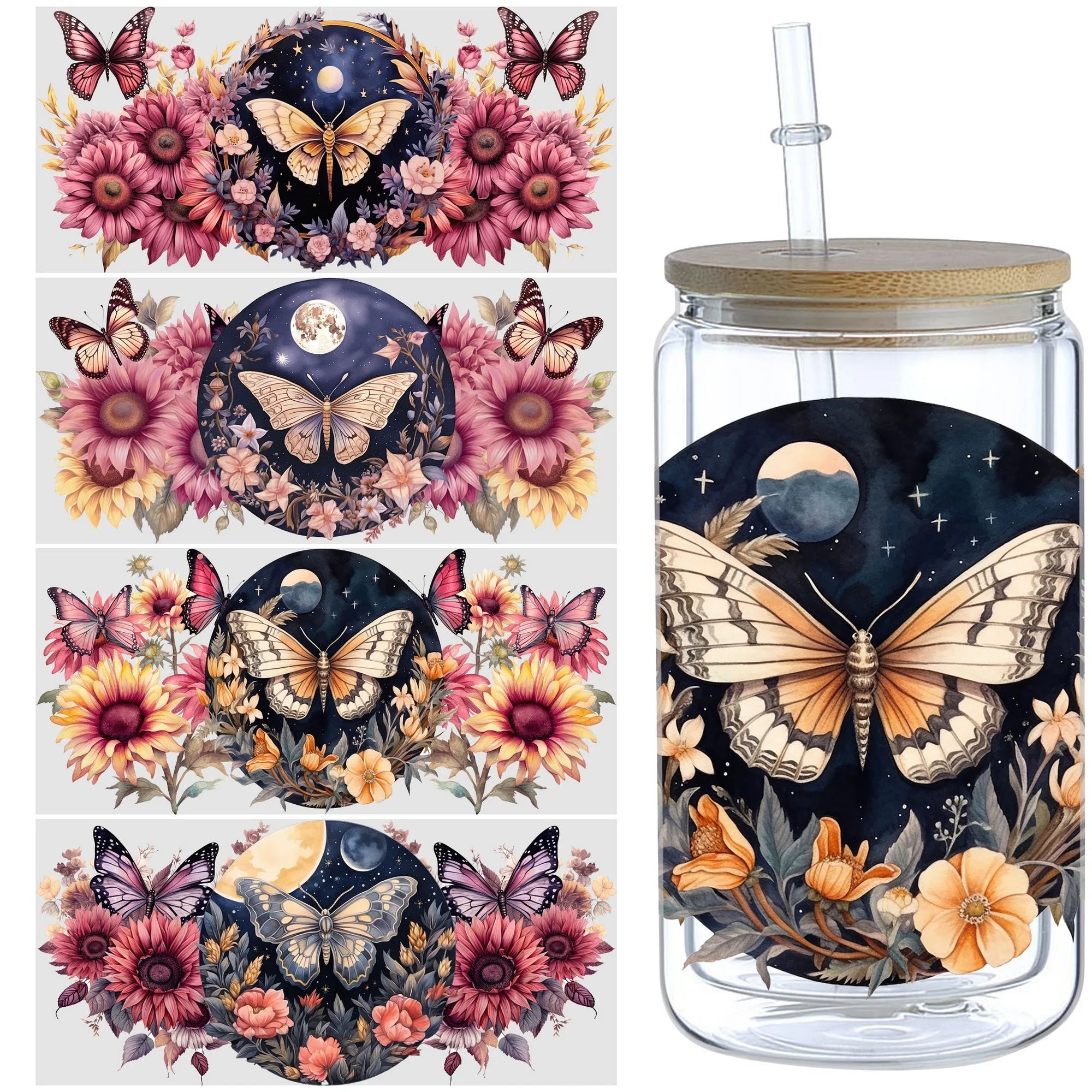 5 sheets Butterfly UV DTF Cup Stickers, DTF Transfer Stickers, Waterproof Wipe-Off Transfer Paper for 16oz Glass, Mug, Crafts