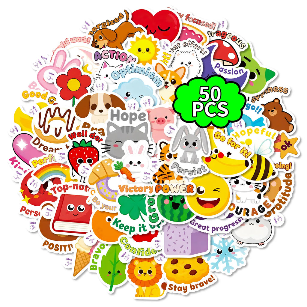 50PCS Cute Animal Encouragement Doodle Stickers, Notebook Stationery Phone Scooter Inspirational Phrase Decorative Art Sticker