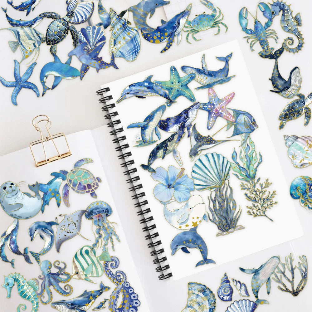 50-Pack Gold Foil Ocean Animal Doodle Stickers Waterproof Decor Decals for Students Stationery Phone Case Scrapbooking Sticker