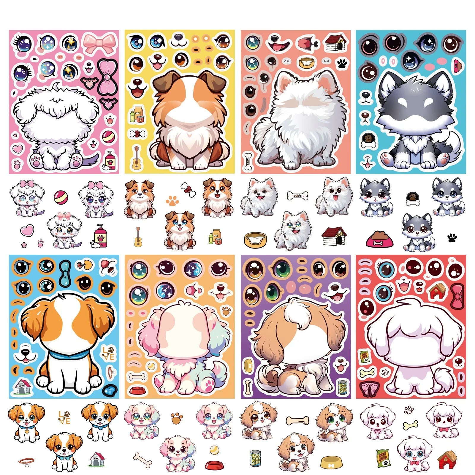 8/16 Pcs Cartoon Cute Dog Make A Face Puzzle Stickers DIY Game for Birthday Gift Reward Cup Phone Helmet Bicycle Decals