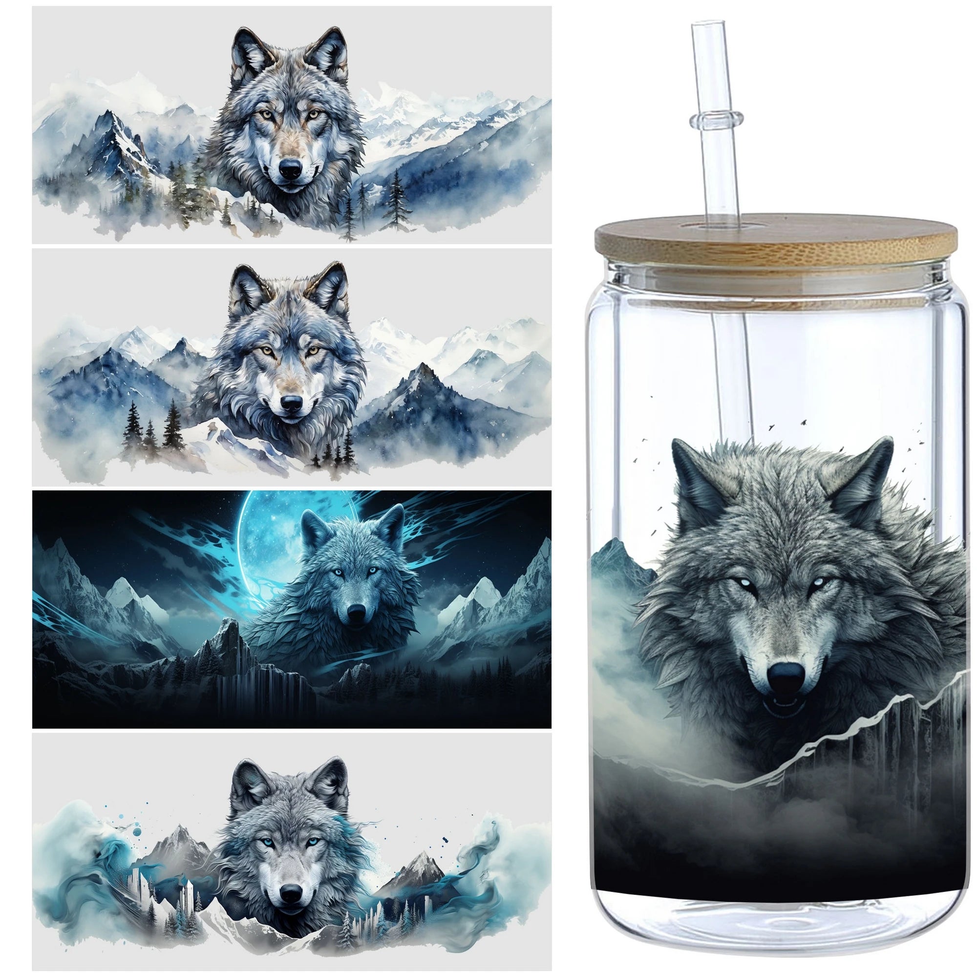 5 sheets Wolf UV DTF Cup Stickers, DTF Transfer Stickers, Waterproof Wipe Transfer Paper for 16oz Glass, Mugs, Crafts, Furniture