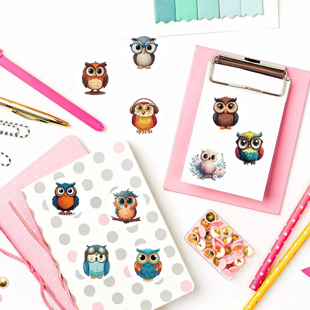 500Pcs/roll Kawaii Cartoon Owl Sticker Creativity Notebook Aesthetic Cute Bird Luggage Motorcycle Notebook Laptop Stickers